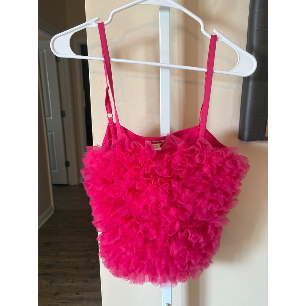 Versona Hot Pink Tulle Ruffle Cami Top Adjustable Straps Side Zip Size L